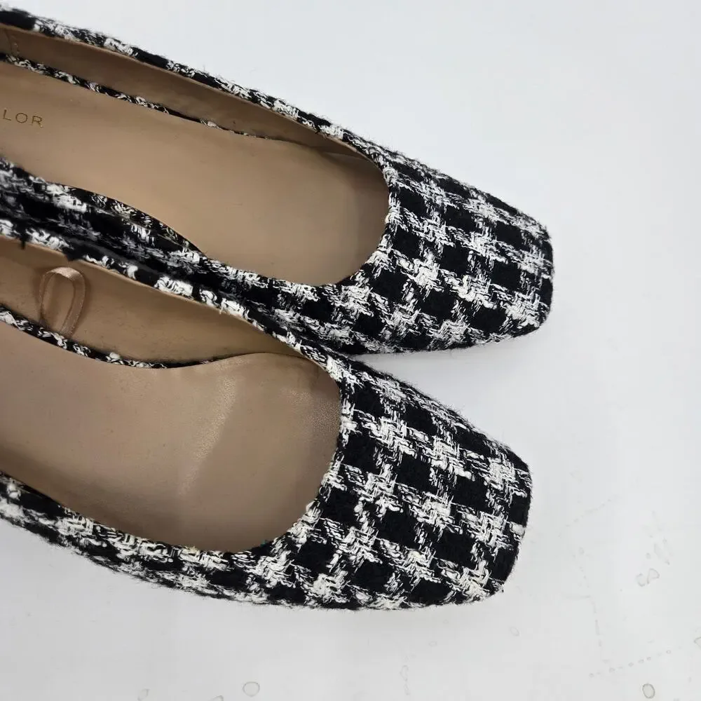Ann Taylor 7.5M Tweed Pumps Heels Block Square Toe Black White Houndstooth